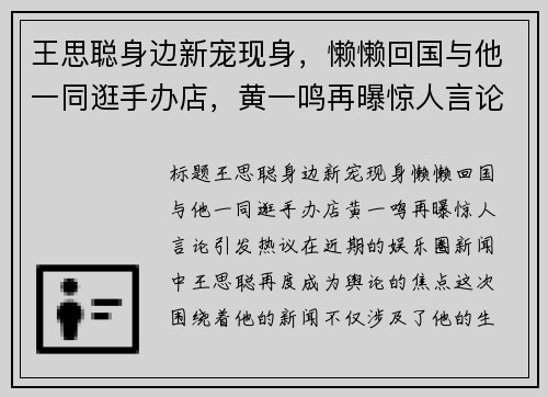 王思聪身边新宠现身，懒懒回国与他一同逛手办店，黄一鸣再曝惊人言论引发热议