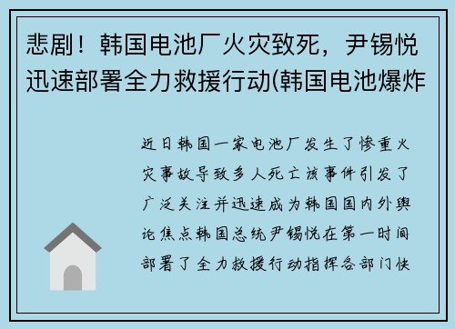 悲剧！韩国电池厂火灾致死，尹锡悦迅速部署全力救援行动(韩国电池爆炸)