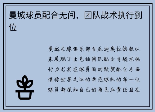 曼城球员配合无间，团队战术执行到位