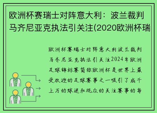 欧洲杯赛瑞士对阵意大利：波兰裁判马齐尼亚克执法引关注(2020欧洲杯瑞士对意大利)