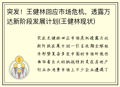 突发！王健林回应市场危机，透露万达新阶段发展计划(王健林现状)